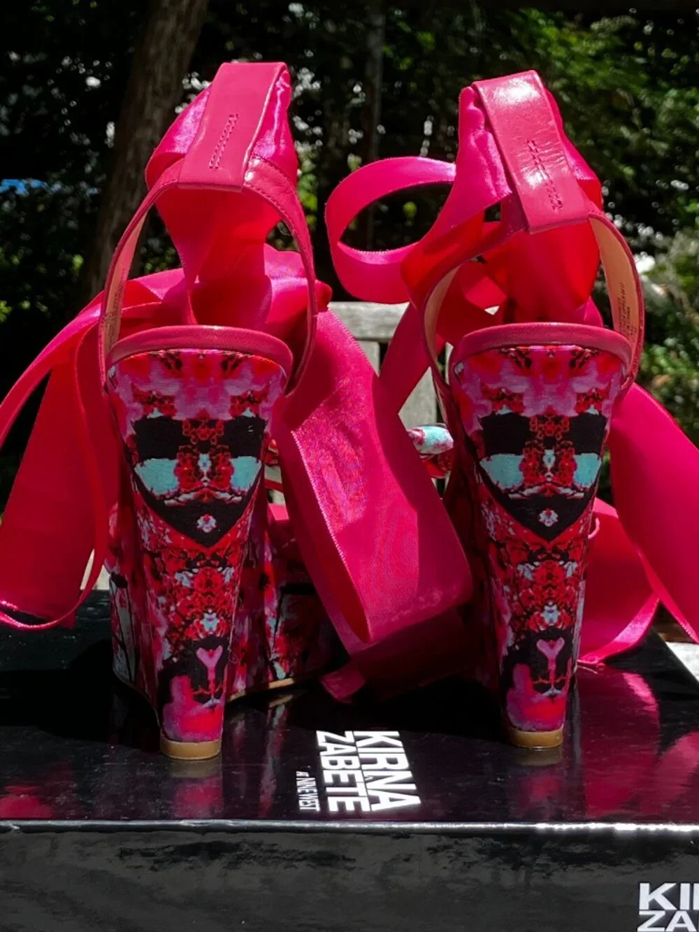 NWT🌺Cherry Blossom and Pink Satin Ribbon Platform Wedge Sandals